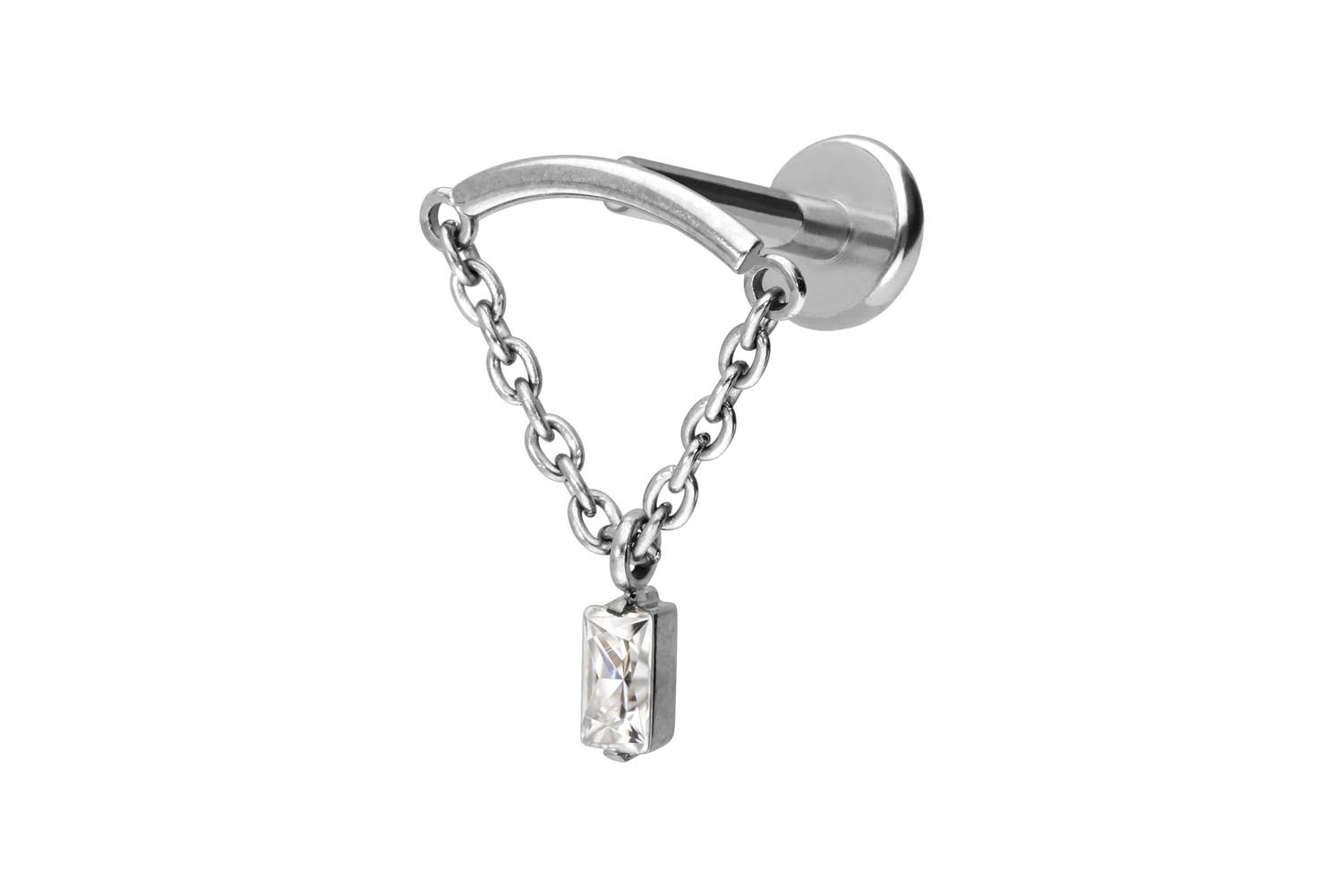 Titan Labret Piercing mit Push Fit BOGEN + KETTE + KRISTALLRECHTECK